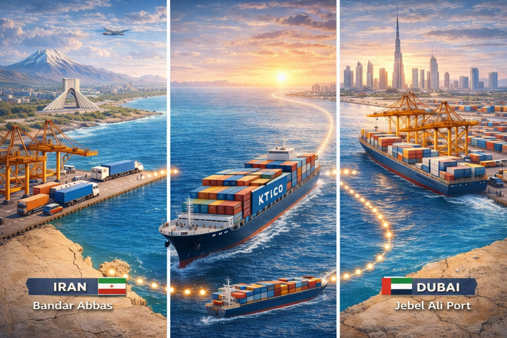 Container ship transporting goods from Bandar Abbas Iran to Jebel Ali Dubai across the Persian Gulf