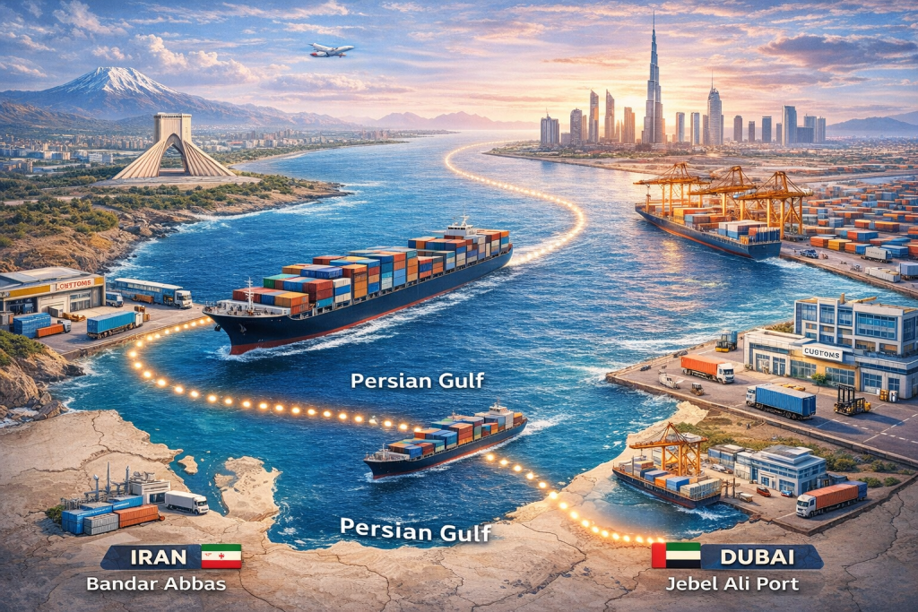 Container shipping route between Iran and Dubai across the Persian Gulf connecting Bandar Abbas and Jebel Ali port