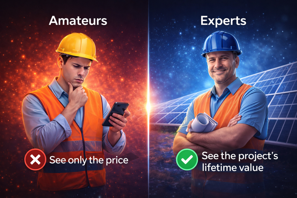 comparison between amateur and professional solar installer showing focus on price versus long term project value in photovoltaic systems