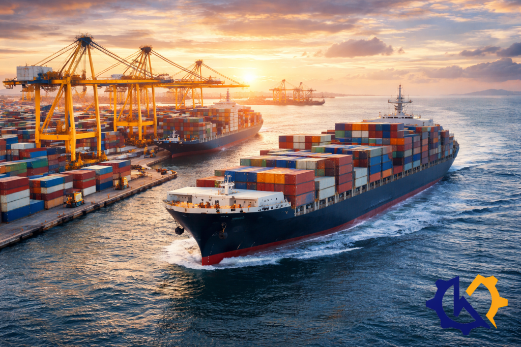 کشتی کانتینری در حال حمل کالا در بندر بین‌المللی و شبکه لجستیک تجارت جهانی
