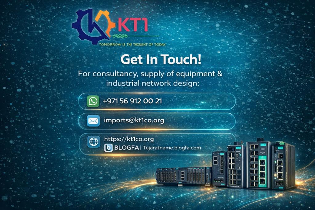 Industrial network solutions call-to-action banner featuring KT1CO branding, industrial networking equipment, and contact channels including WhatsApp, email, website, and Blogfa link for consultation and supply services