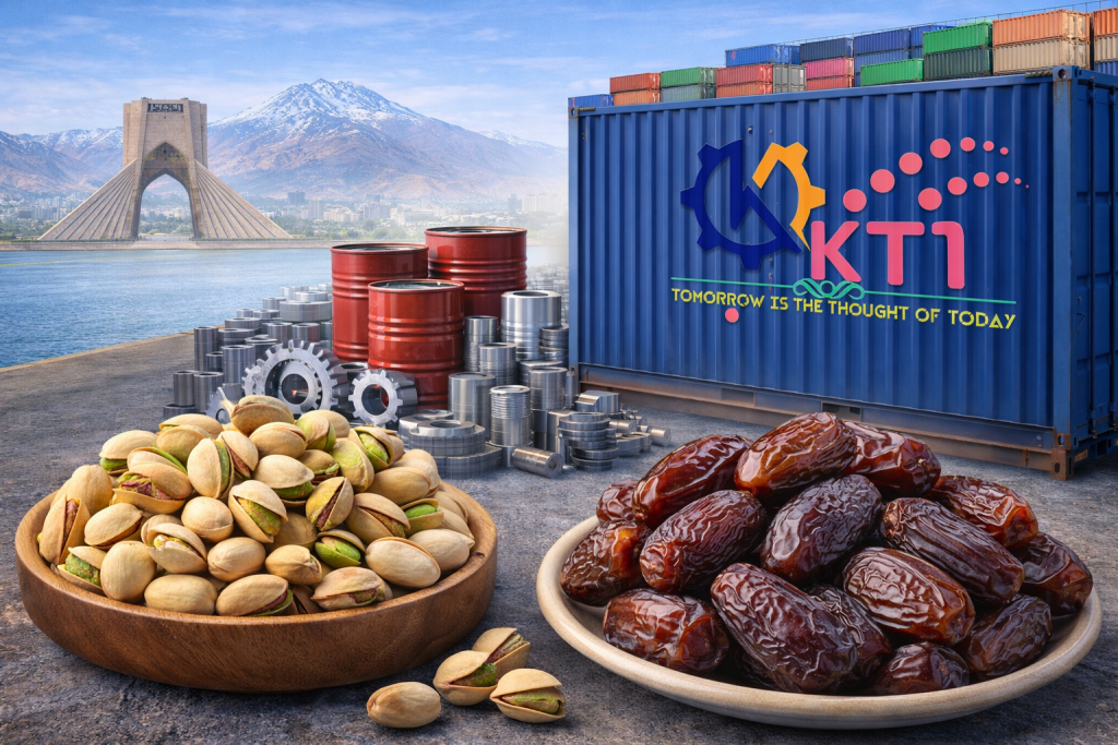 پسته، خرما و محصولات صنعتی ایران در کنار کانتینر صادراتی به عنوان نمونه‌ای از صادرات کالا از ایران به بازارهای جهانی