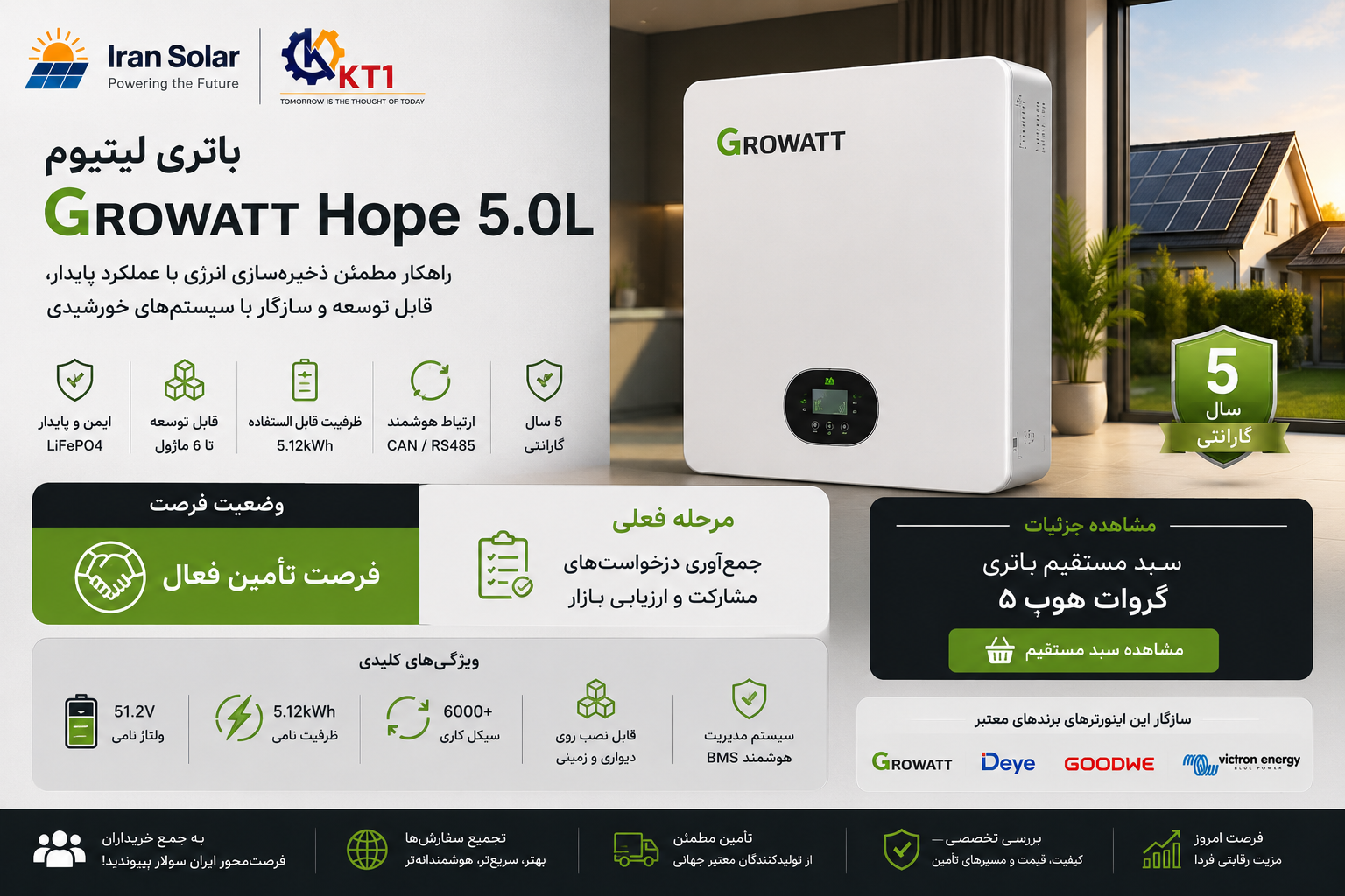 باتری لیتیوم Growatt Hope 5.0L-B1 با ظرفیت 5.12kWh و فناوری LiFePO4 در فرصت تأمین فعال ایران سولار برای پروژه‌های ذخیره‌سازی انرژی و سیستم‌های خورشیدی