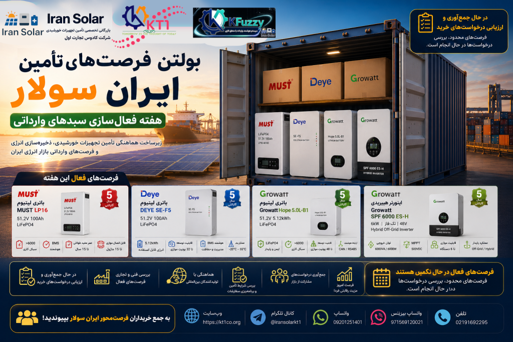 بولتن فرصت‌های تأمین ایران سولار شامل سبدهای فعال وارداتی باتری‌های لیتیومی MUST LP16، DEYE SE-F5، Growatt Hope 5.0L و اینورتر Growatt SPF6000 ES-H در هفته فعال‌سازی سبدهای وارداتی تجهیزات خورشیدی و ذخیره‌سازی انرژی