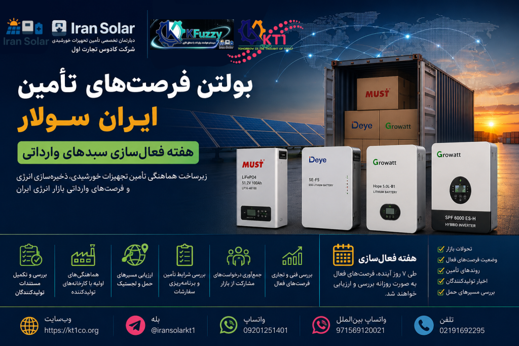 بولتن فرصت‌های تأمین ایران سولار شامل سبدهای فعال باتری لیتیوم MUST LP16، باتری Deye SE-F5، باتری Growatt Hope 5.0L و اینورتر Growatt SPF6000 ES-H در هفته فعال‌سازی فرصت‌های وارداتی تجهیزات خورشیدی